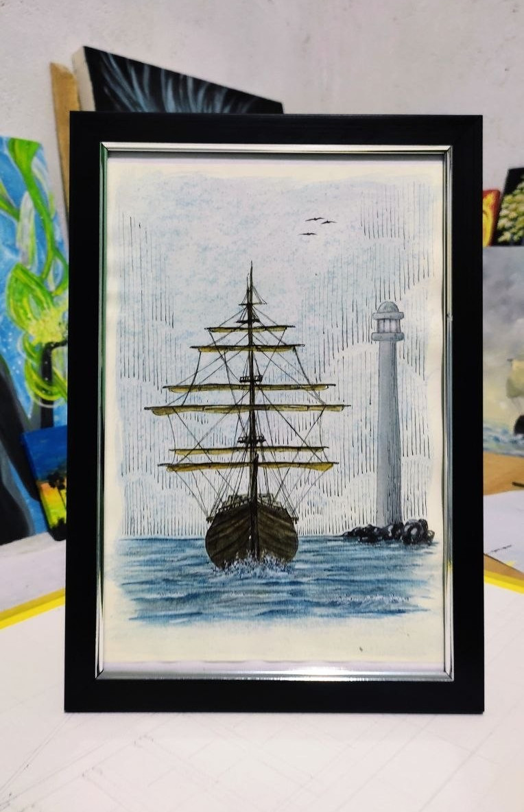 Original Watercolor Painting Ship Lighthouse Framed Nautical Wall Art Handpaint