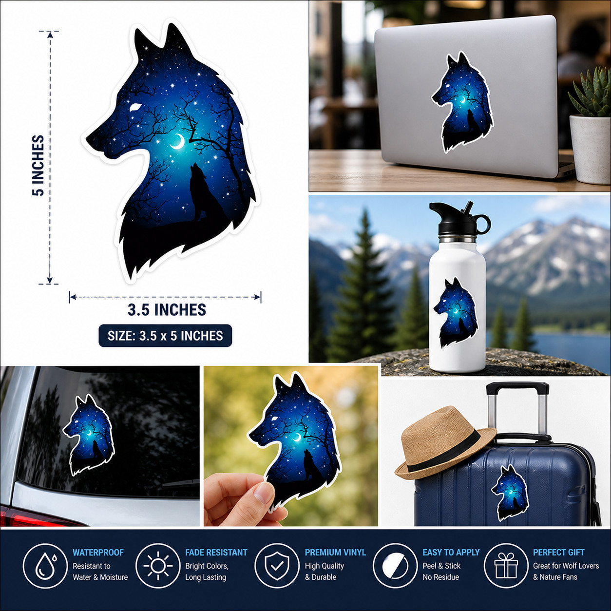 Galaxy Wolf Howling Sticker Vinyl Decal Night Sky Aesthetic Laptop Car Waterproo