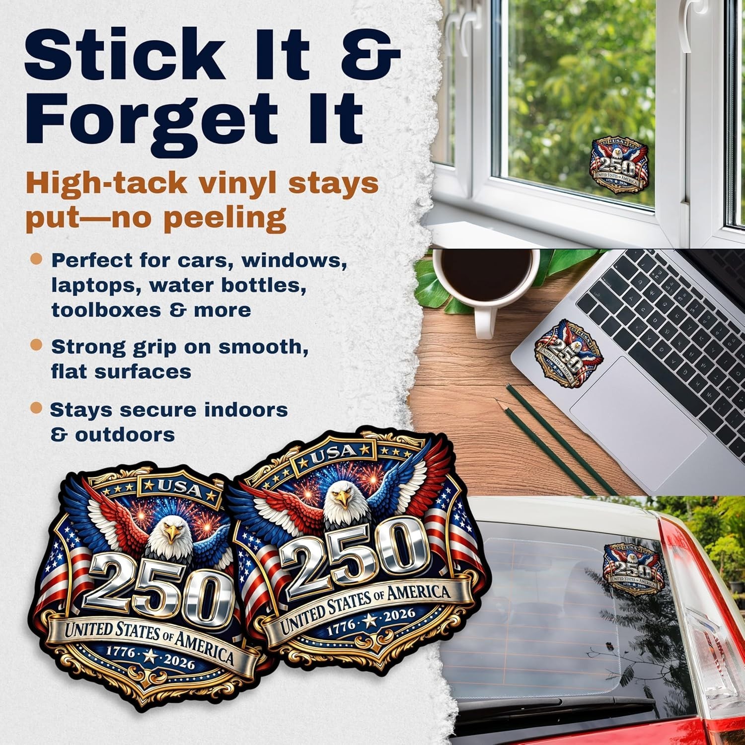 Durable 250 Anniversary Vinyl Stickers – American Flag 2-Pack for Laptops