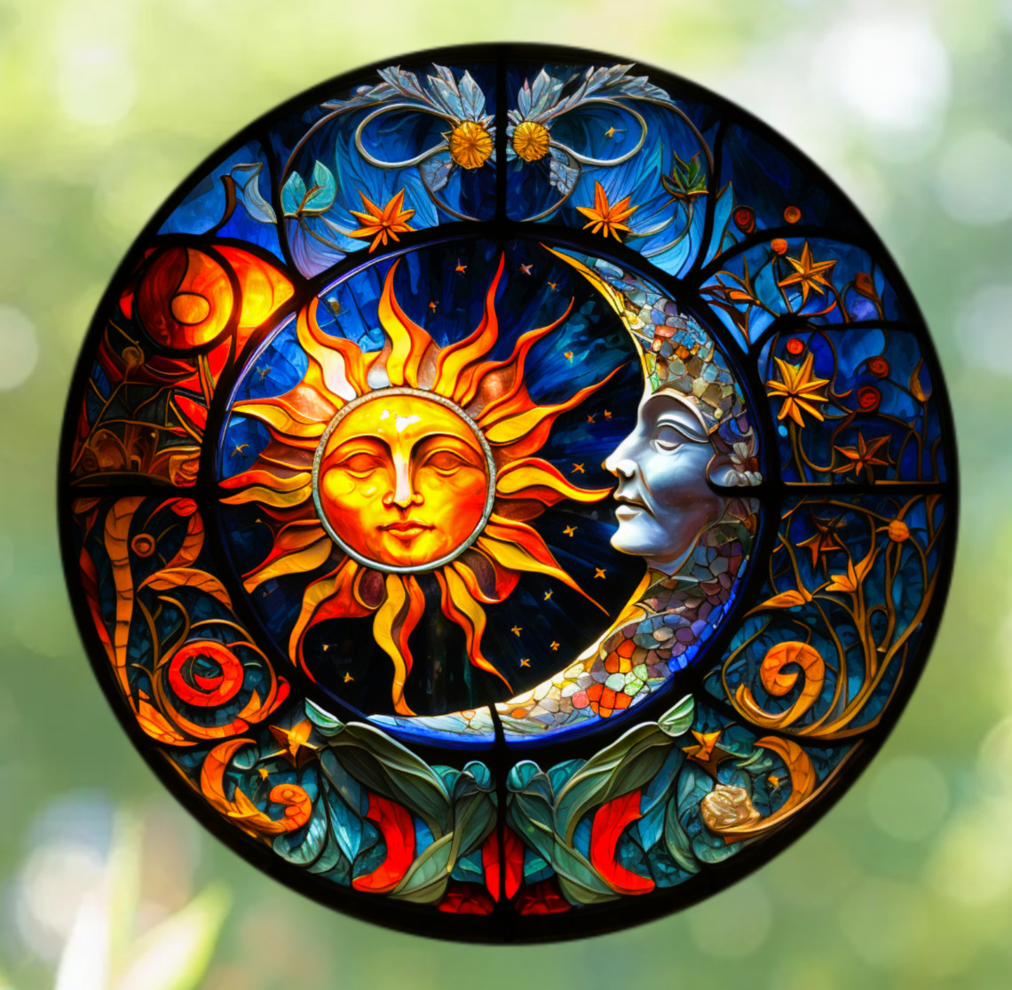 Sun & Moon Faux Stained-Glass WINDOW CLING Size 8" Round Vinyl
