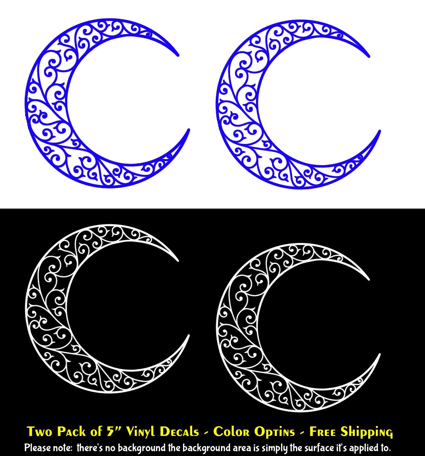 Decorated Crescent Moon Two PK 5" Vinyl Decals Vehicles Windows Any Flat Surface