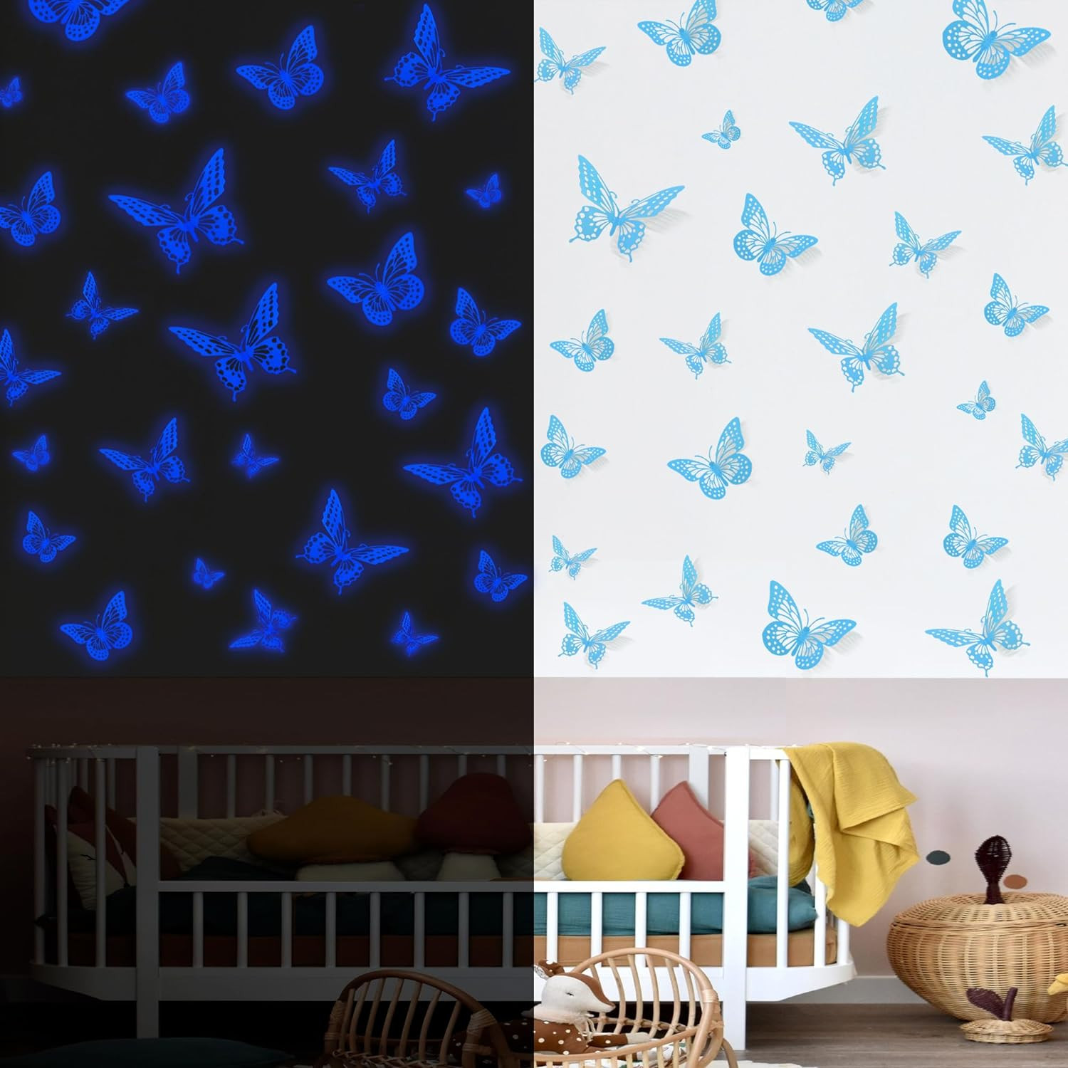 Glow in the Dark 3D Butterfly 24 Pcs 3 Sizes, Luminous Butterfly Stickers for Ce