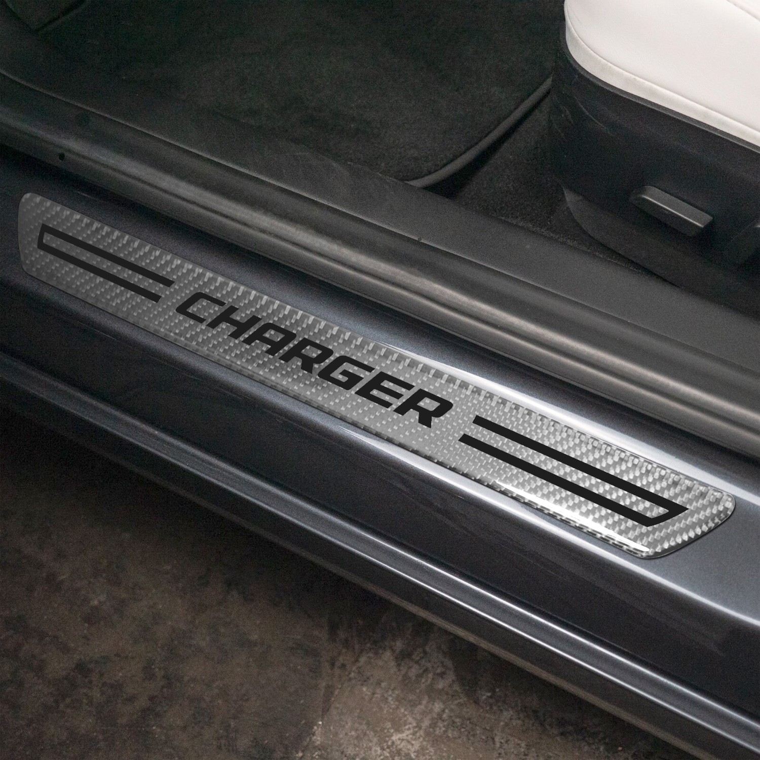 Dodge Charger Silver Carbon Fiber Universal Door Sill Protector Kick Plates