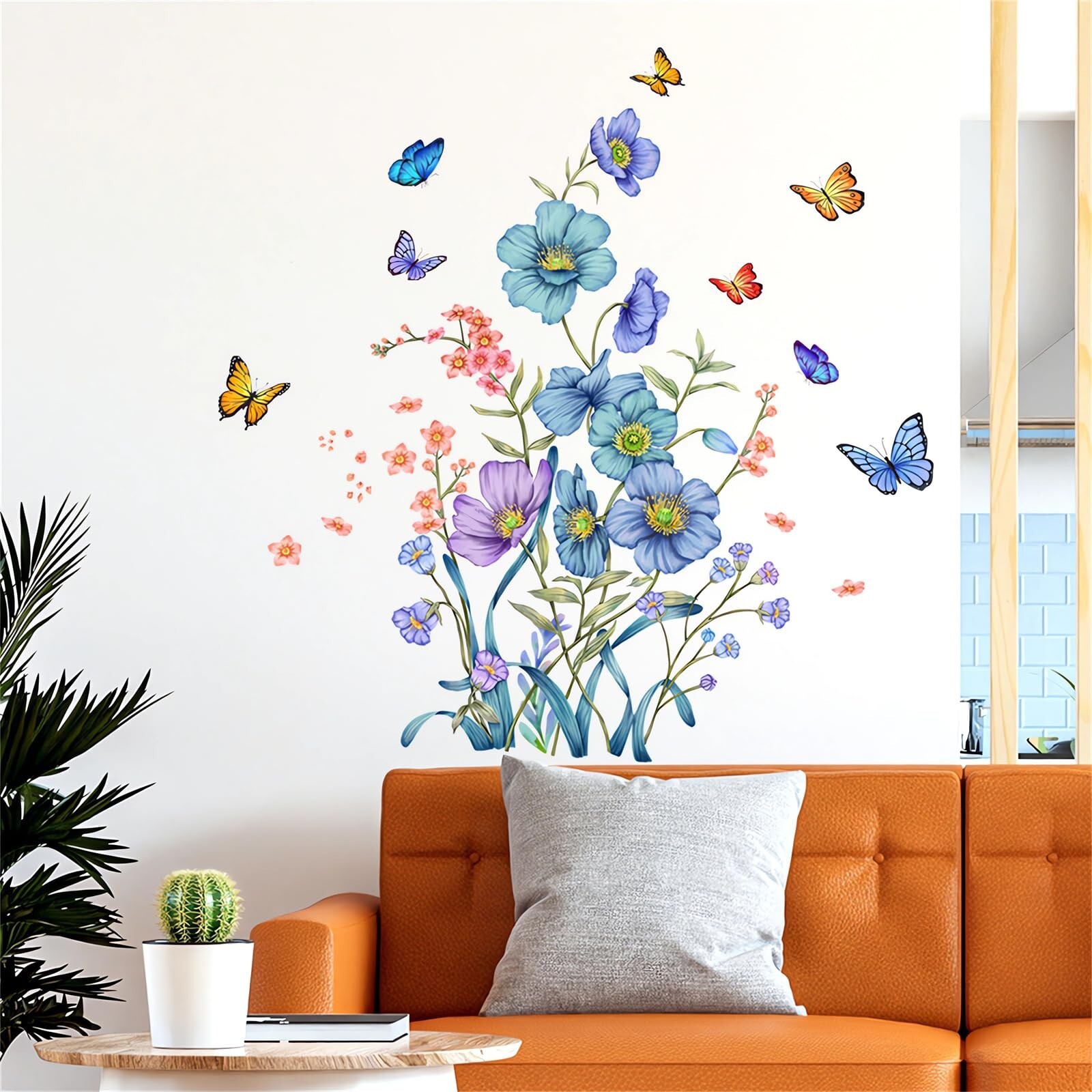 Blue Botanical Flower Butterfly Wall Stickers, sacinora Floral Art Green Plan…