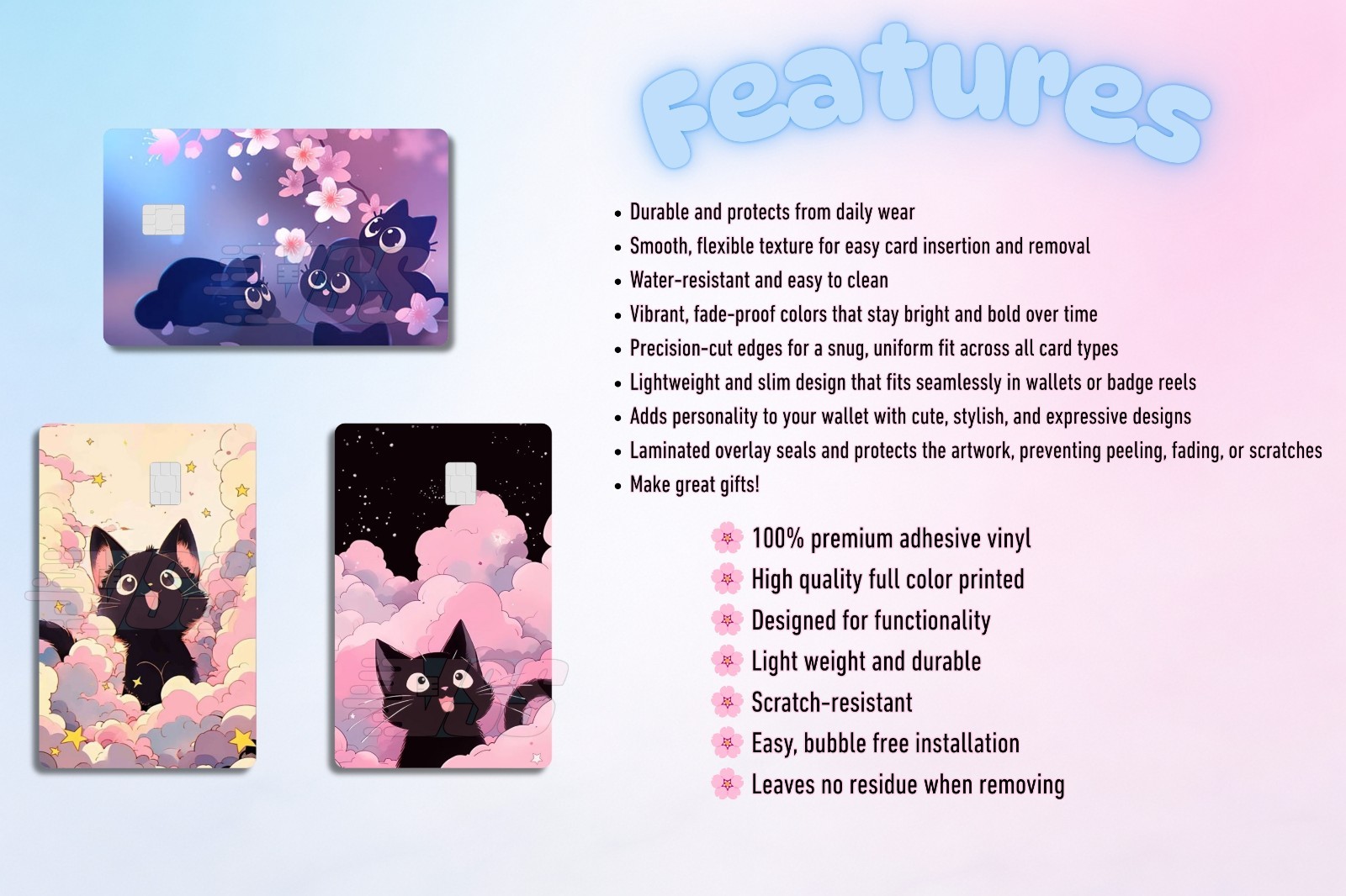 3‑Pack Cute Black Cat Card Skins – Vinyl Credit & Debit Card Covers | Durable