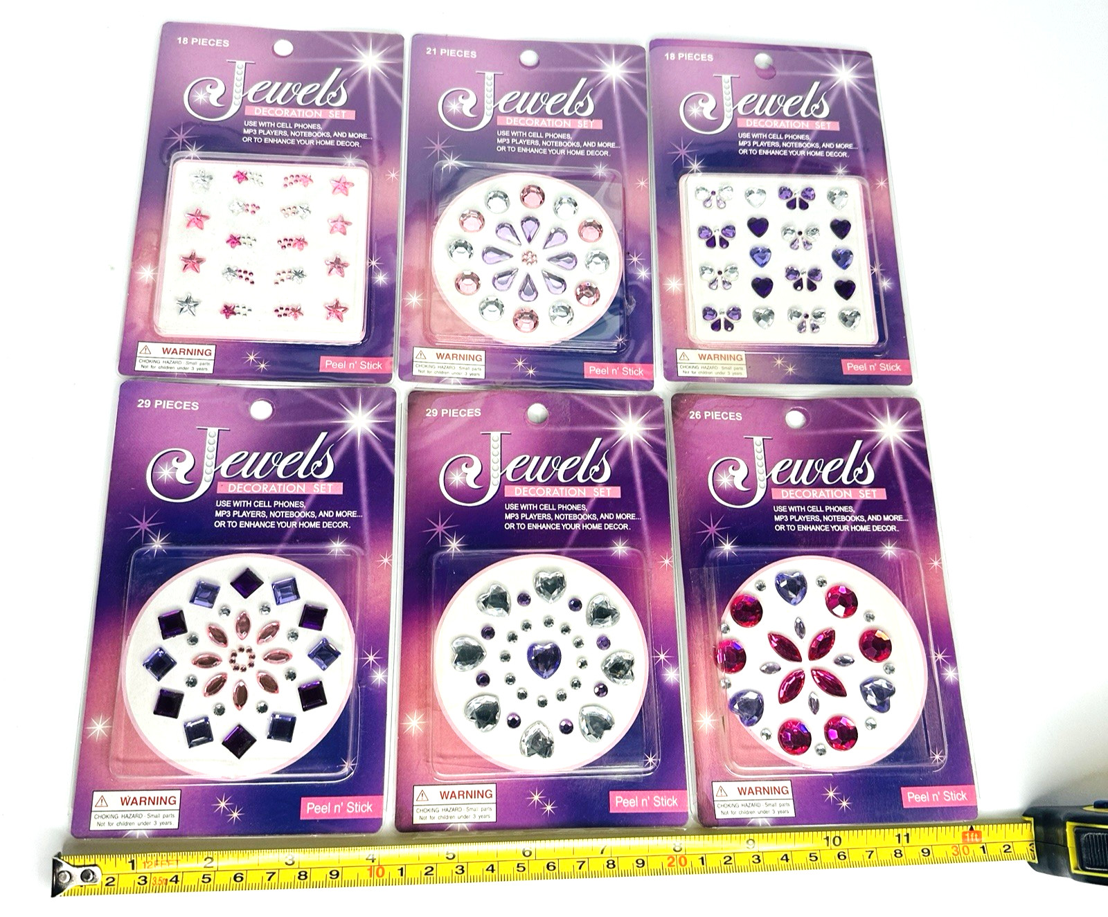 Jewels Decoration Set Lot of 6 Peel & Stick 3D Stars Rounds Hearts Tear Drops