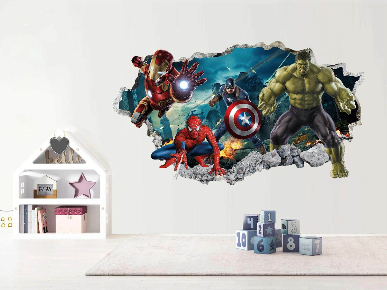 Superhero Hulk Spiderman Iron Man Hulk Captain America Smashed Wall Decal Sticke