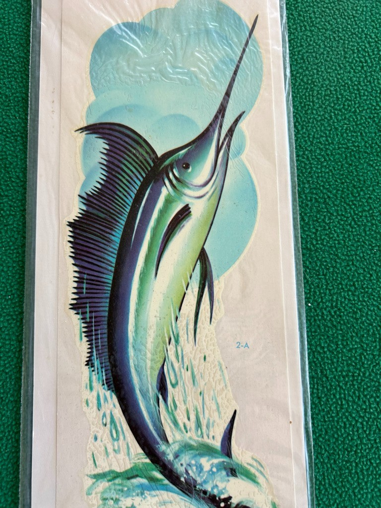 Vintage Meyercord Marlin Fish Glass Door Decal Mid-Century NOS 4.5 x 12.5