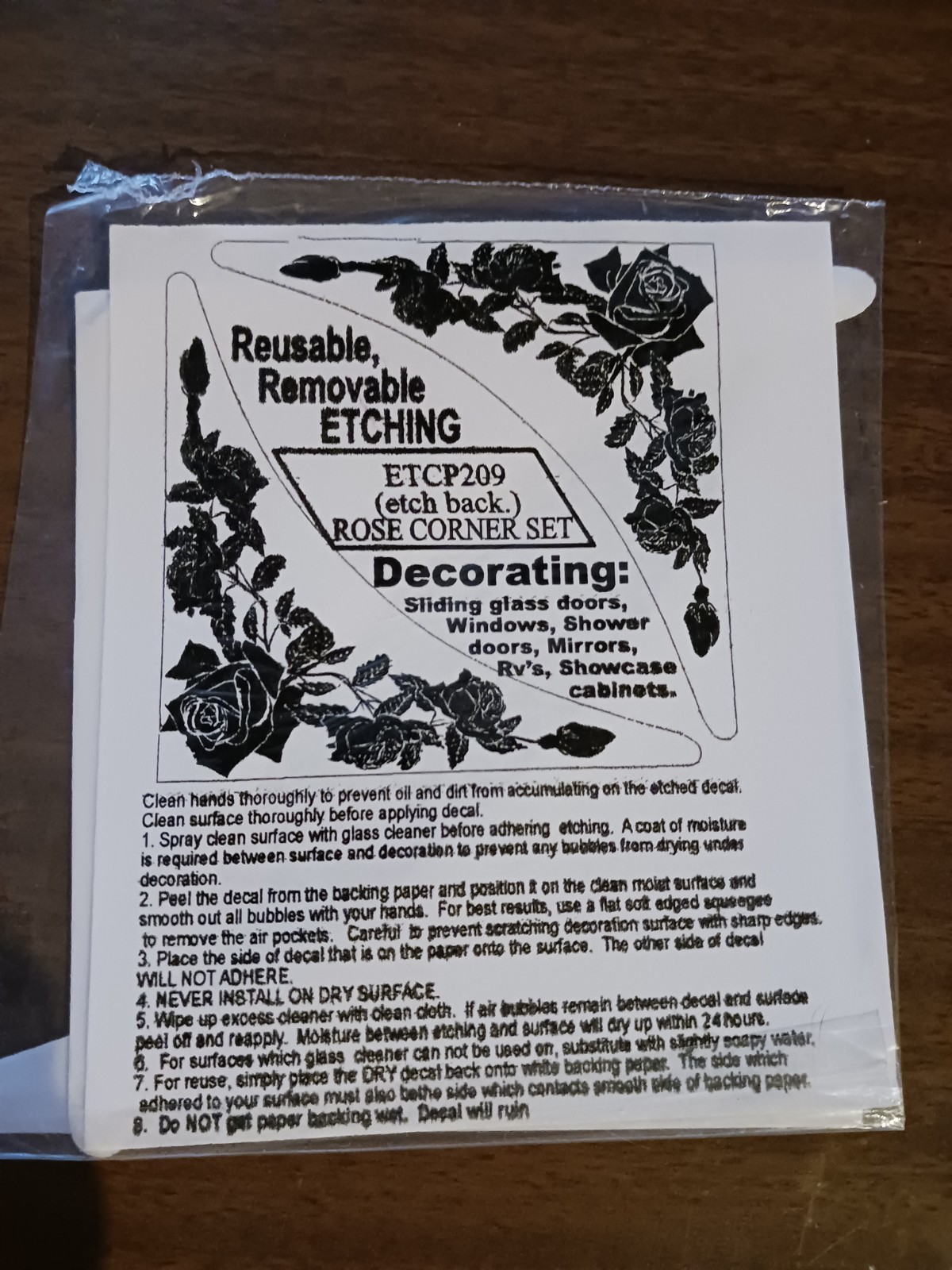 ROSE Etched Look Cling 5"X5" Corners Removable & Reusable 209