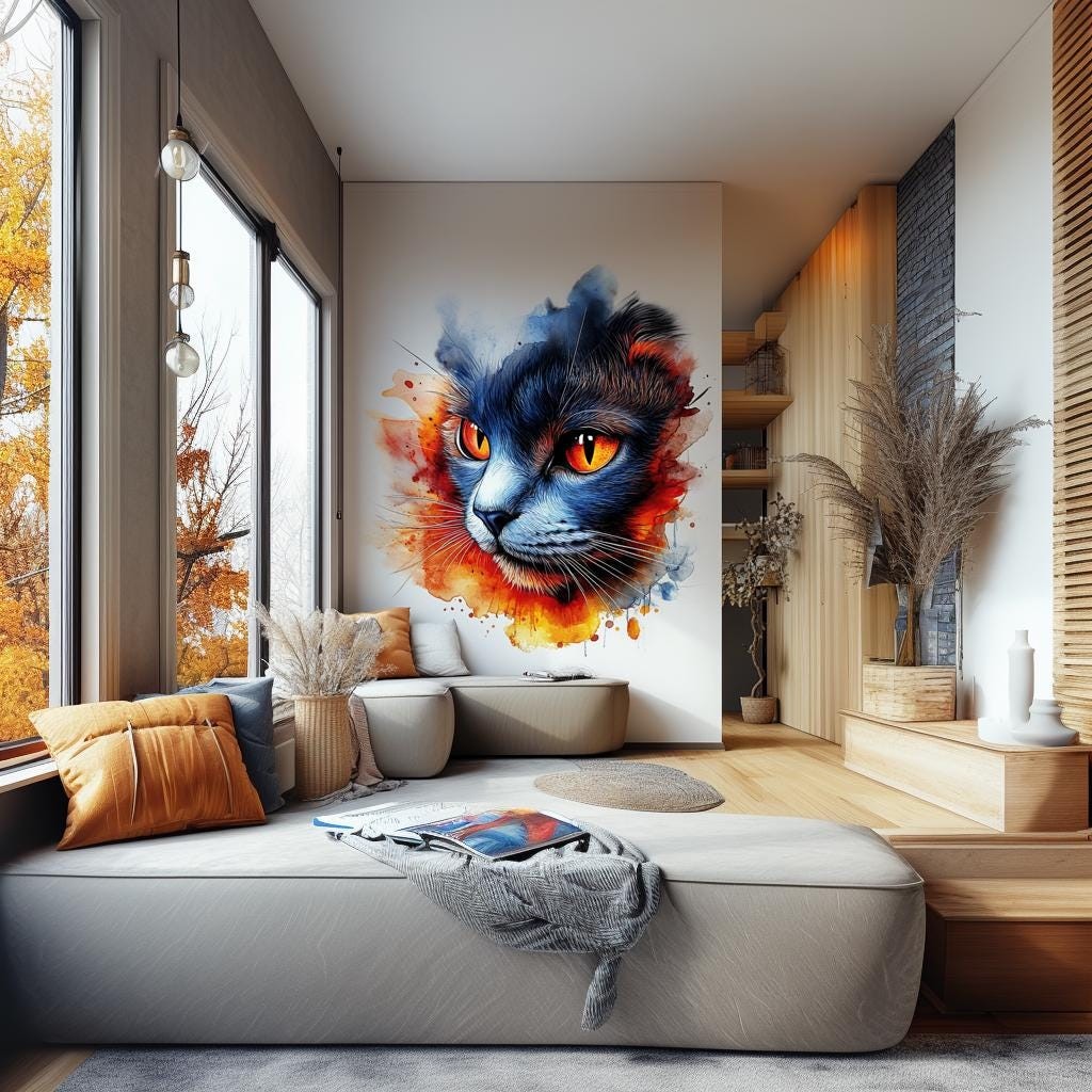 Colorful Cat Wall Decal | Watercolor Style Vinyl Sticker