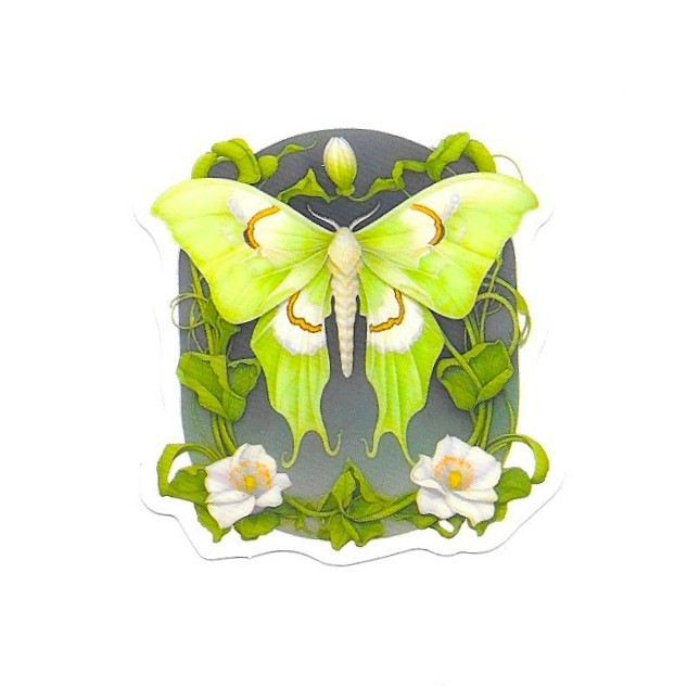 Luna Moth Cameo Vinyl Sticker Vintage Green Insect Journal Laptop Scrapbook