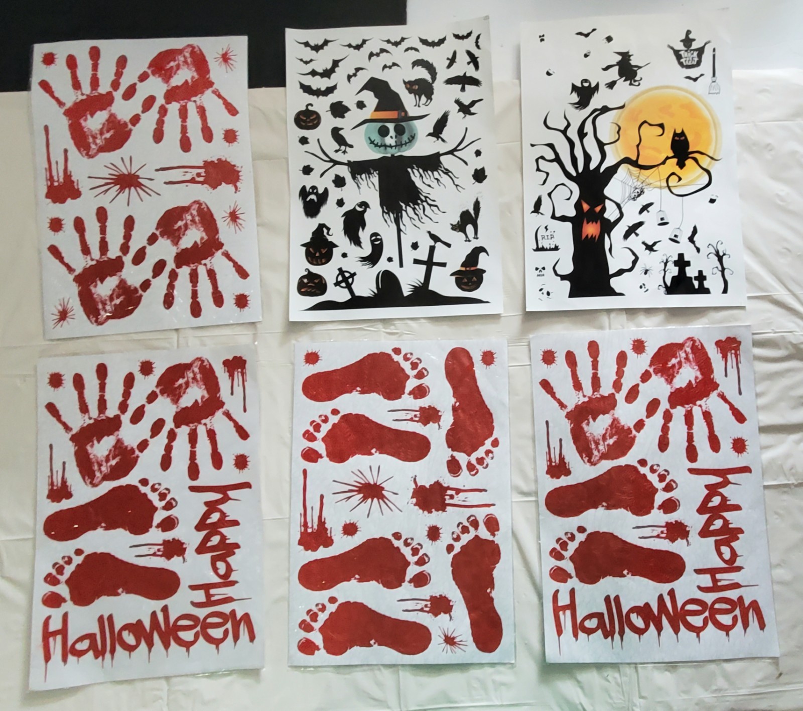 6 Sheets Halloween Decoration Stickers Handprint Footprint Cat Ghost Spider