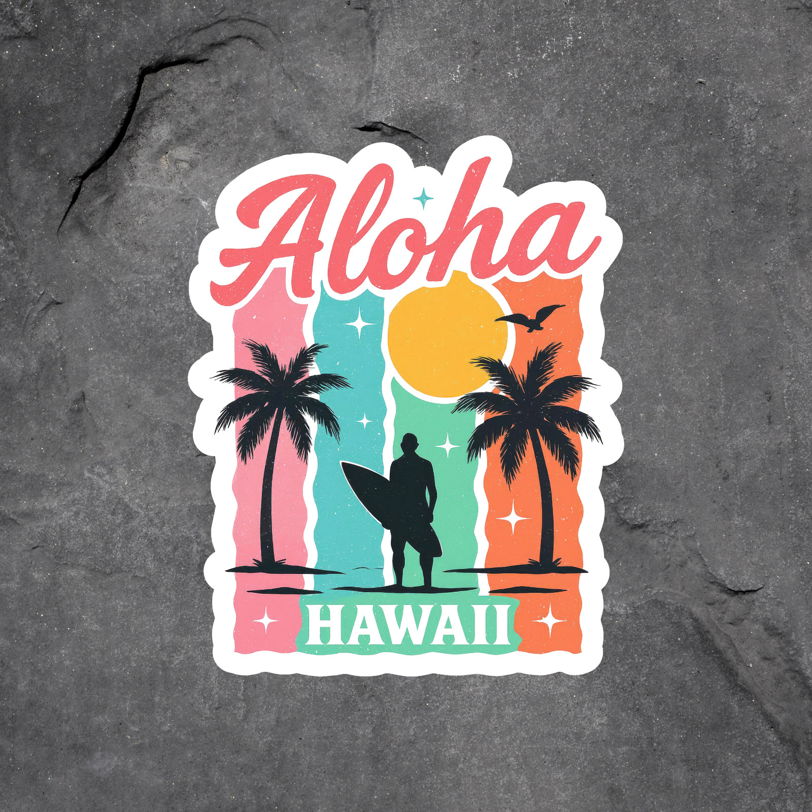 Hawaii Sticker Vinyl Decal Aloha Hawaii Surfer Palm Sunset Retro Beach Art