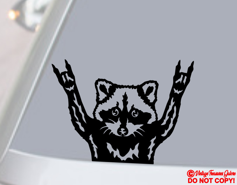 RACCOON SIGN OF THE HORNS -VINYL DECAL CAR REAR BACK WINDOW BUMPER STICKER DEVIL
