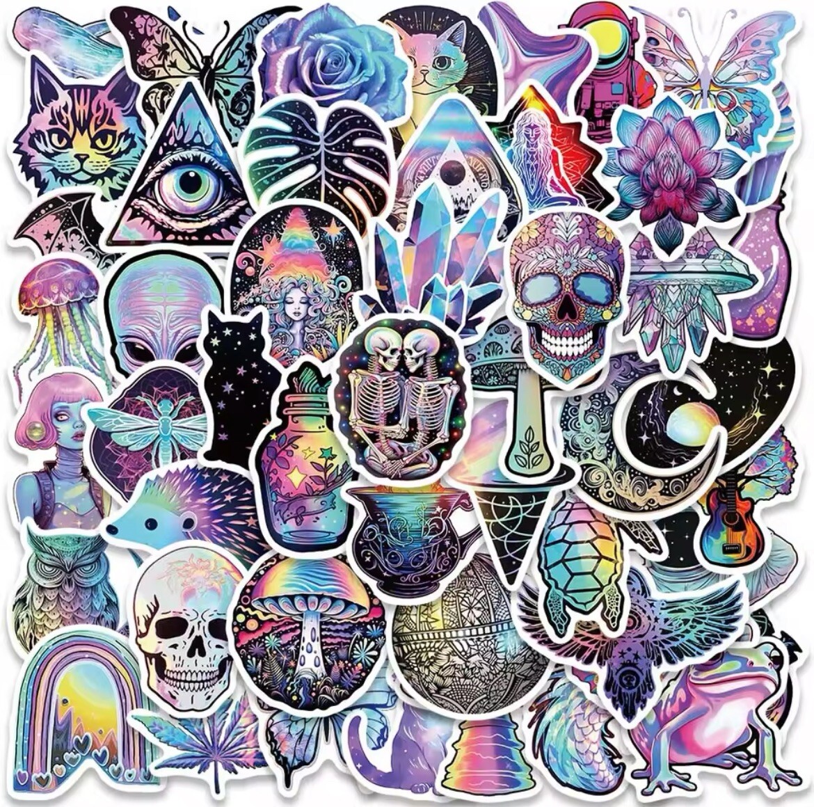 Colorful Pastel Stickers 50pk Skull Butterfly Trippy Stickers Fun Cool Stickers