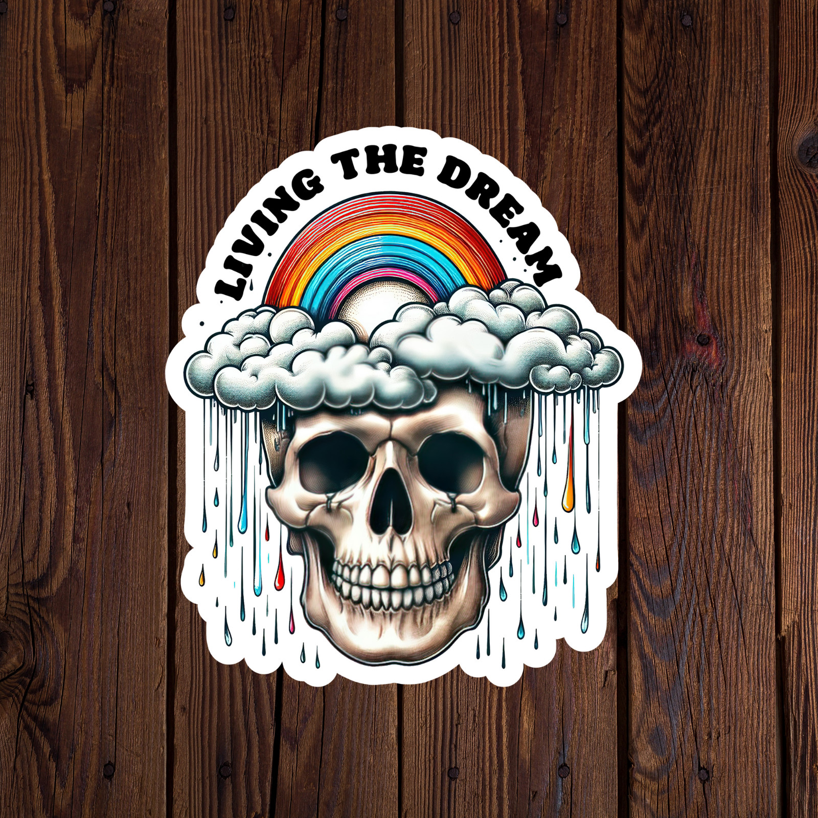 Skeleton sticker vinyl decal living the dream raining clouds rainbow sad funny