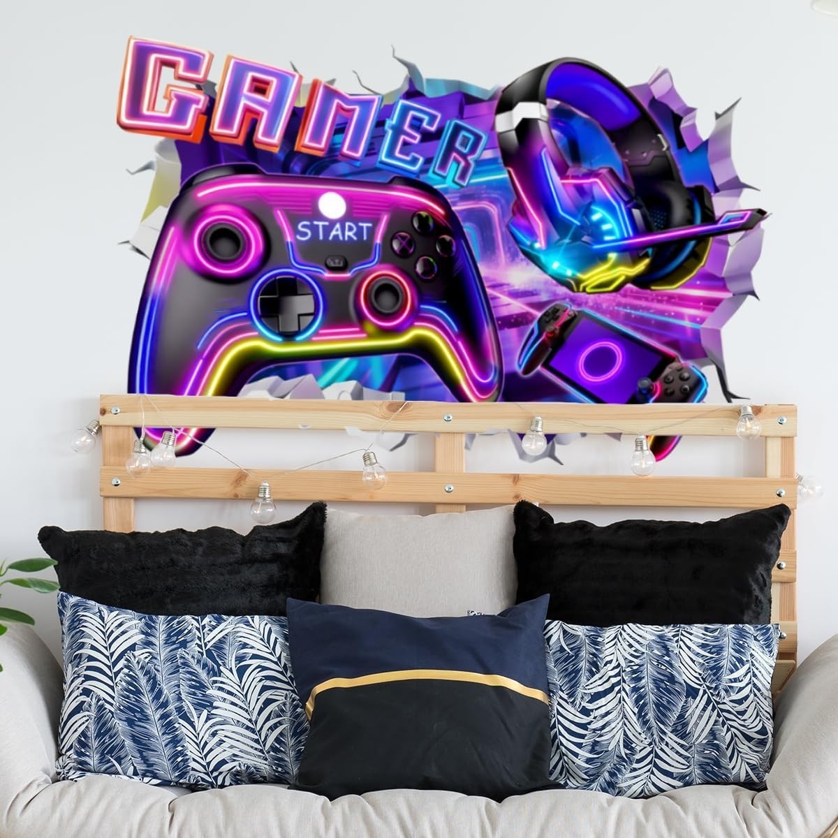 3D Game Room Decor Gaming Room Wall Decals Colorful Gamer Controller Video Gamin