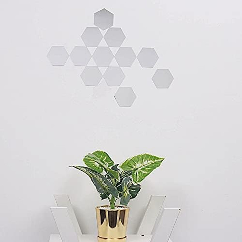 12 Silver 5-Inch Hexagon Mirror Stickers Acrylic Removable Wall Decals Home Acce