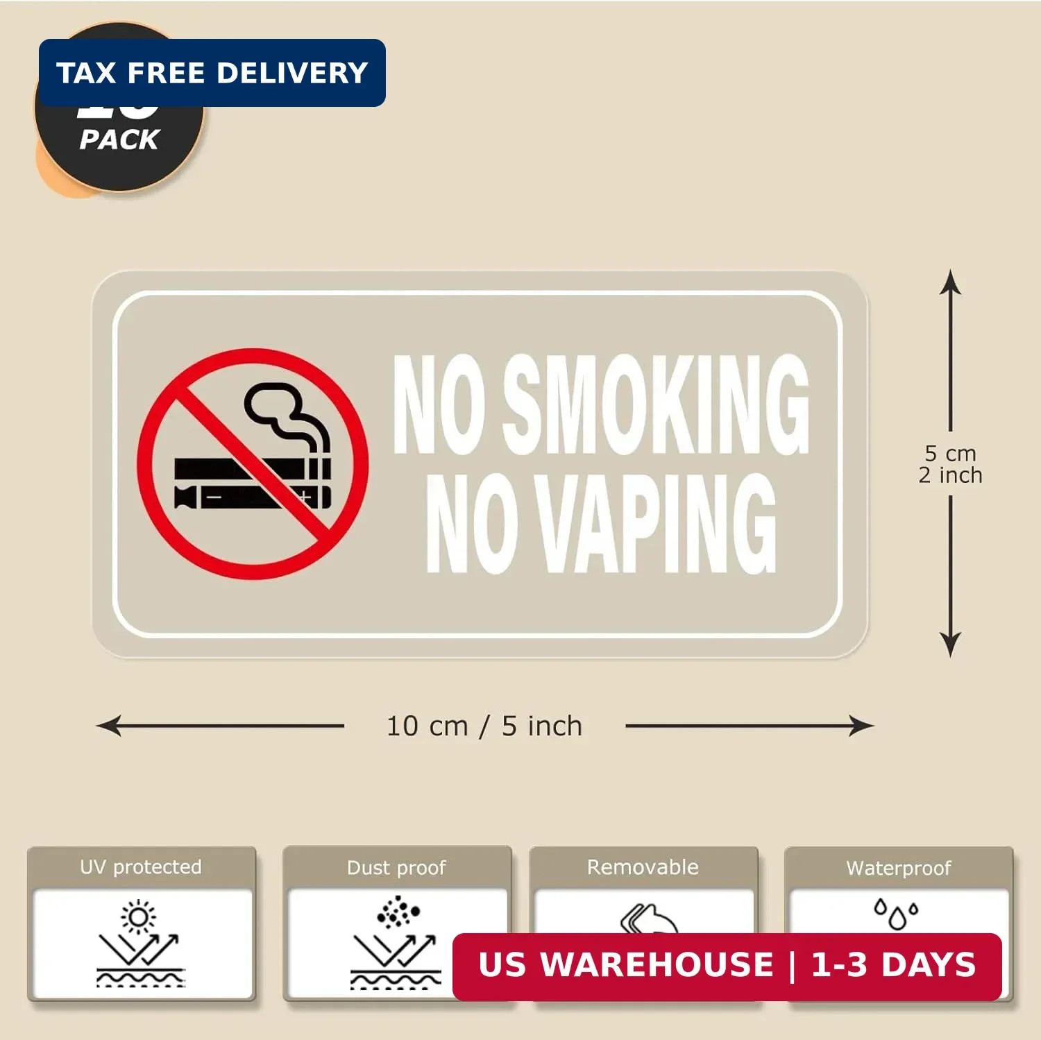 10 Pack No Smoking No Vaping Sticker 2 × 4 Inch Vinyl Self-Adhesive Door Decals