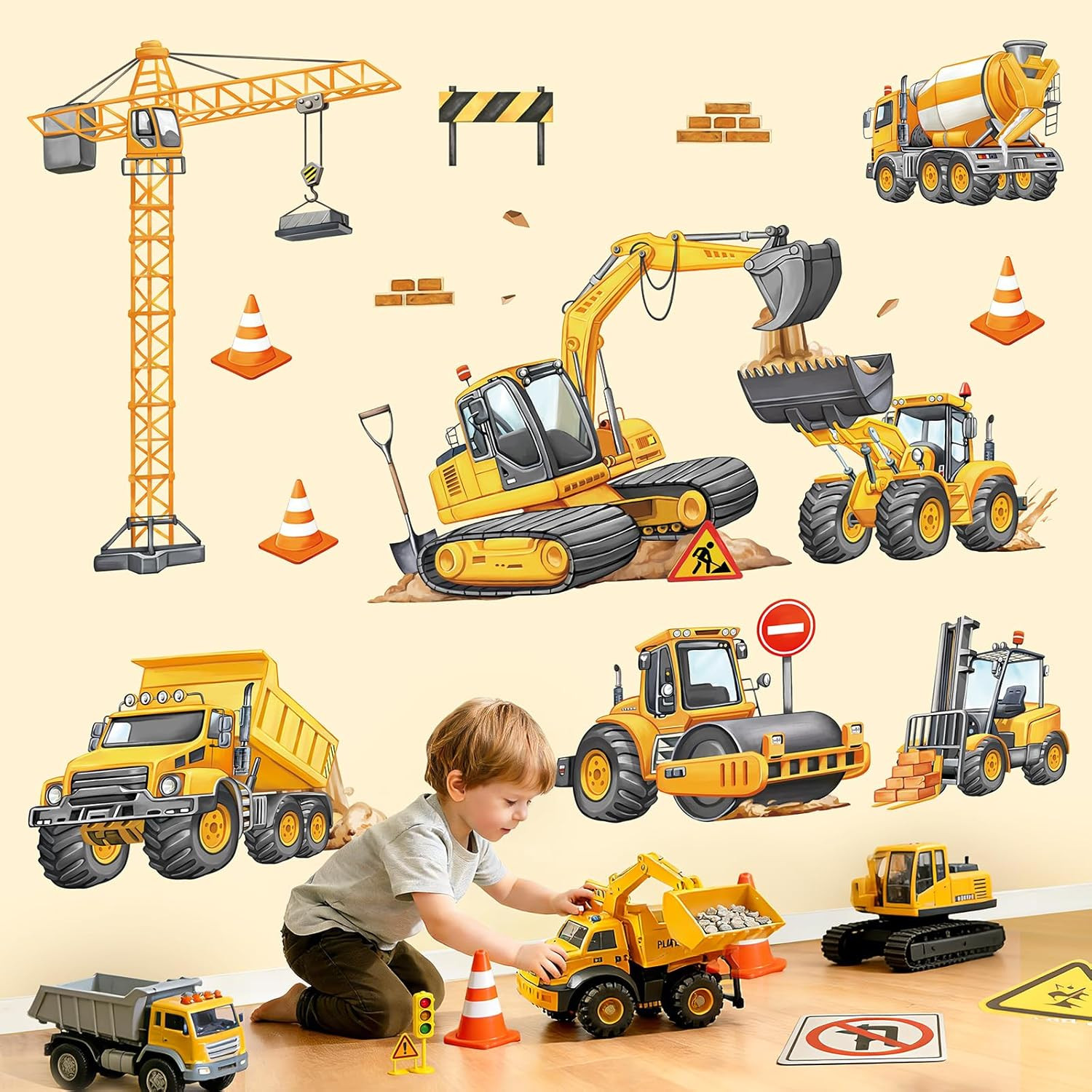 Construction Vehicles Excavator Wall Decals Engineering Car Tractor Crane Wall S