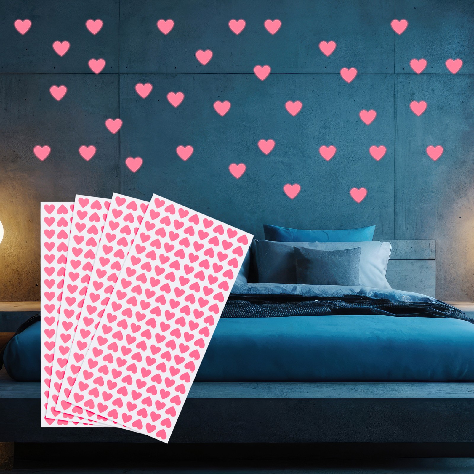 576 Pcs Glow in the Dark Heart Stickers, Heart Luminous Decor, Pink