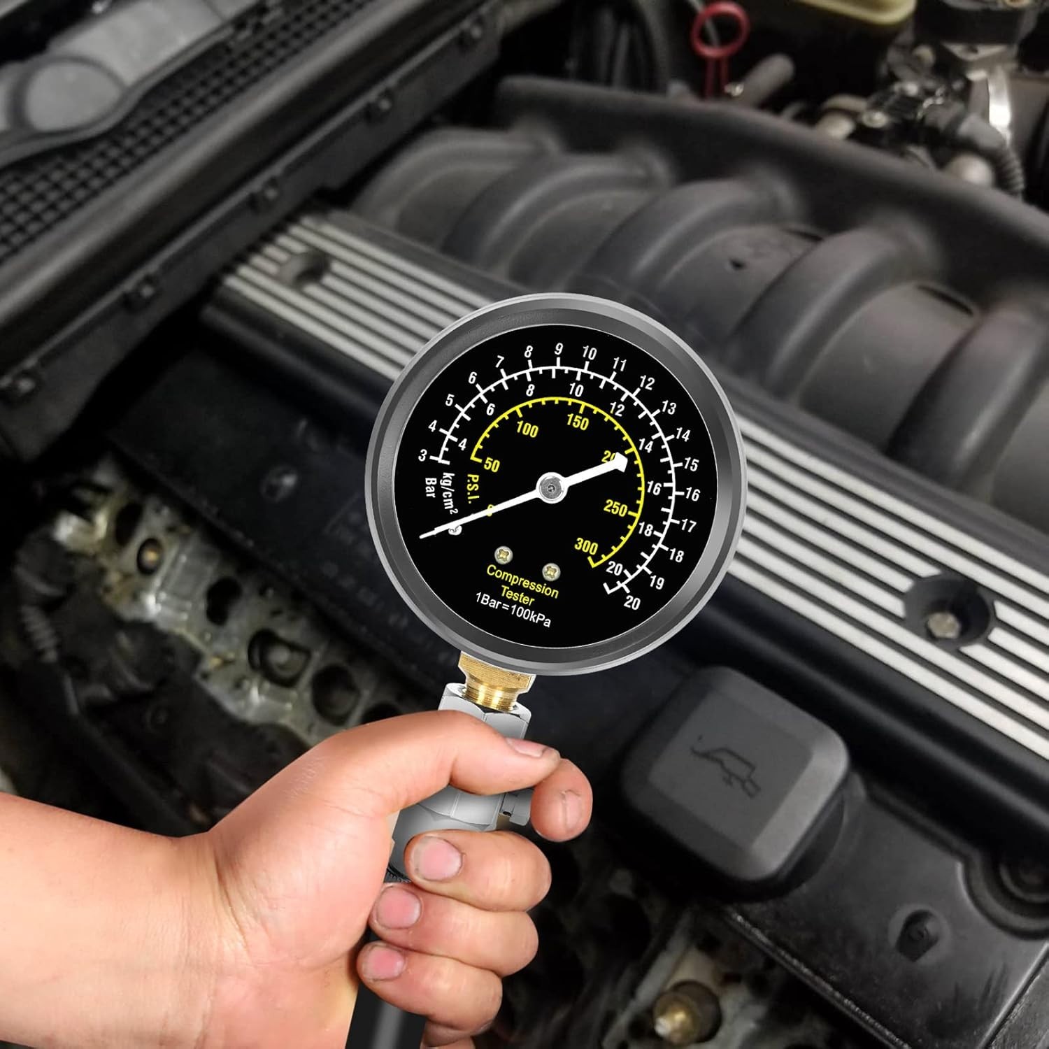Professional 300PSI Compression Tester with Spark Plug & Adapter Kit for Engines