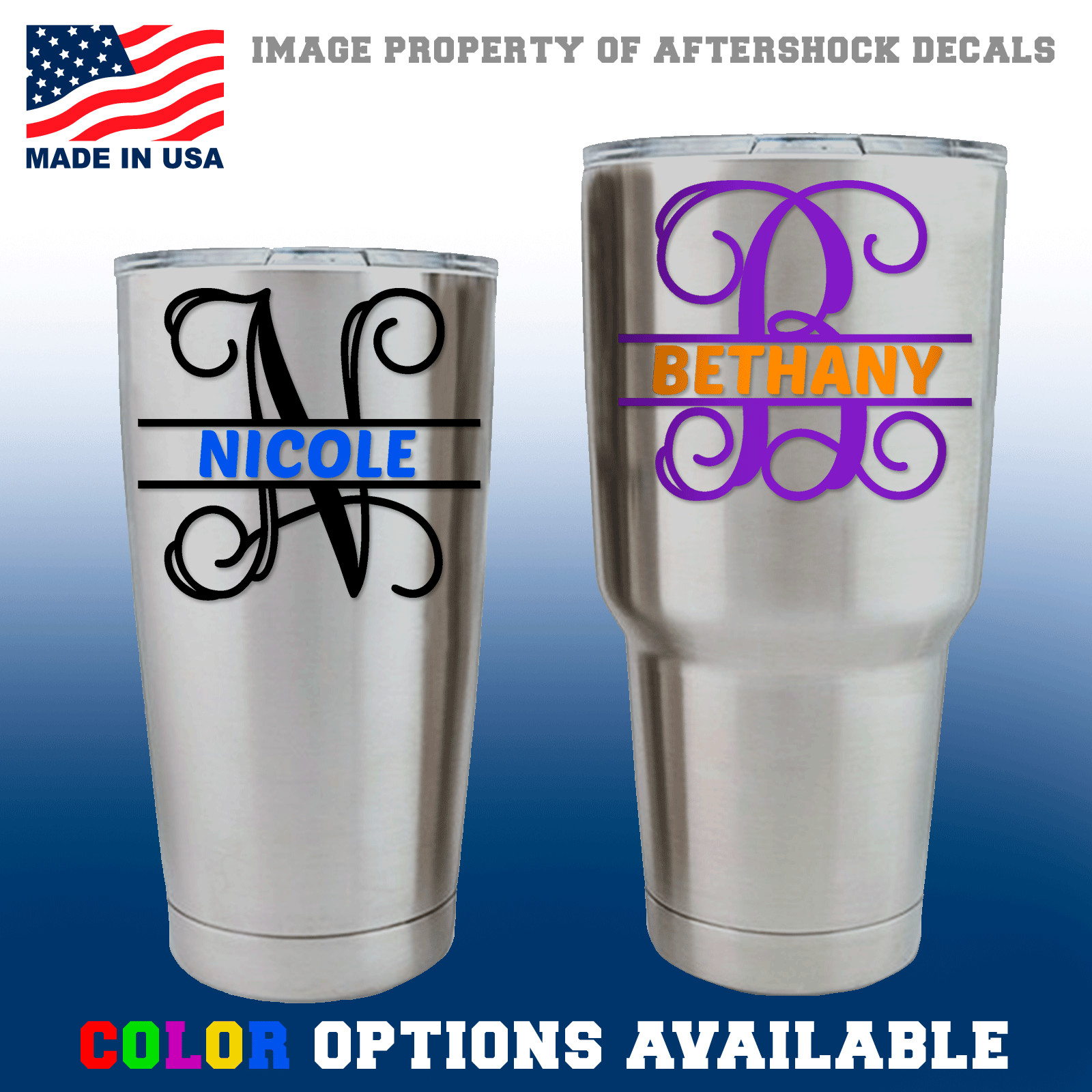 Monogram Split Vine Initial Name Decal Sticker for YETI Cup Car Window Phone