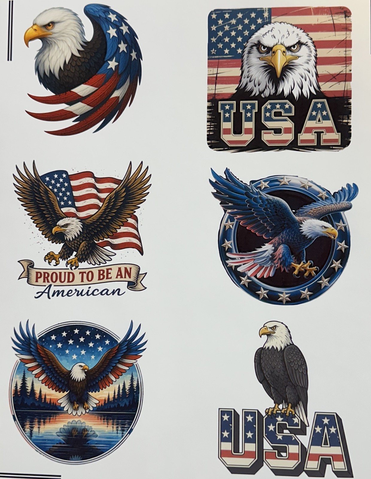 6pc Patriotic Bald Eagle USA Sticker Pack American Flag Vinyl Decals