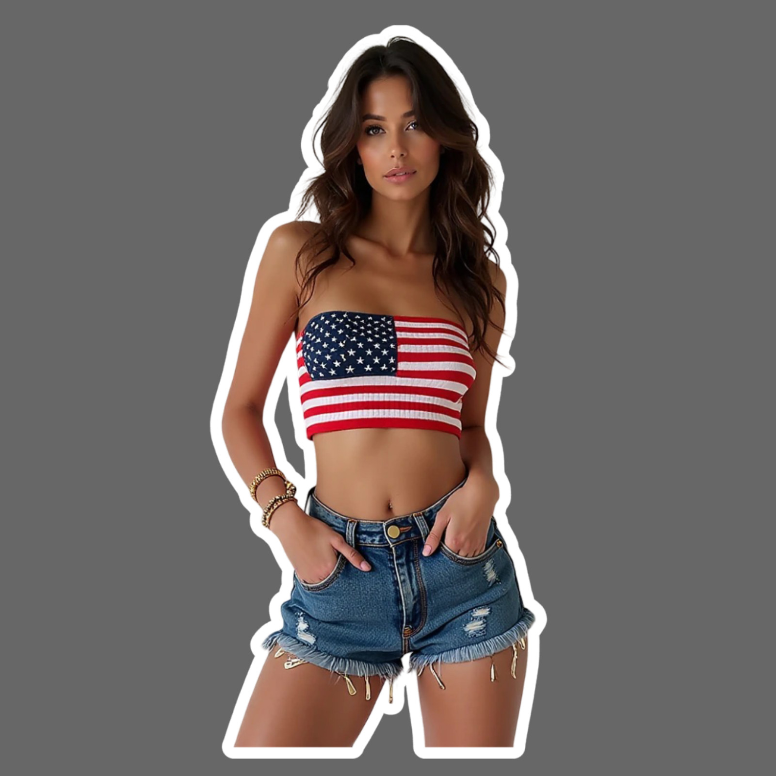 Pinup Girl Brunette Sticker Vinyl Decal Skinny American Flag Patriotic