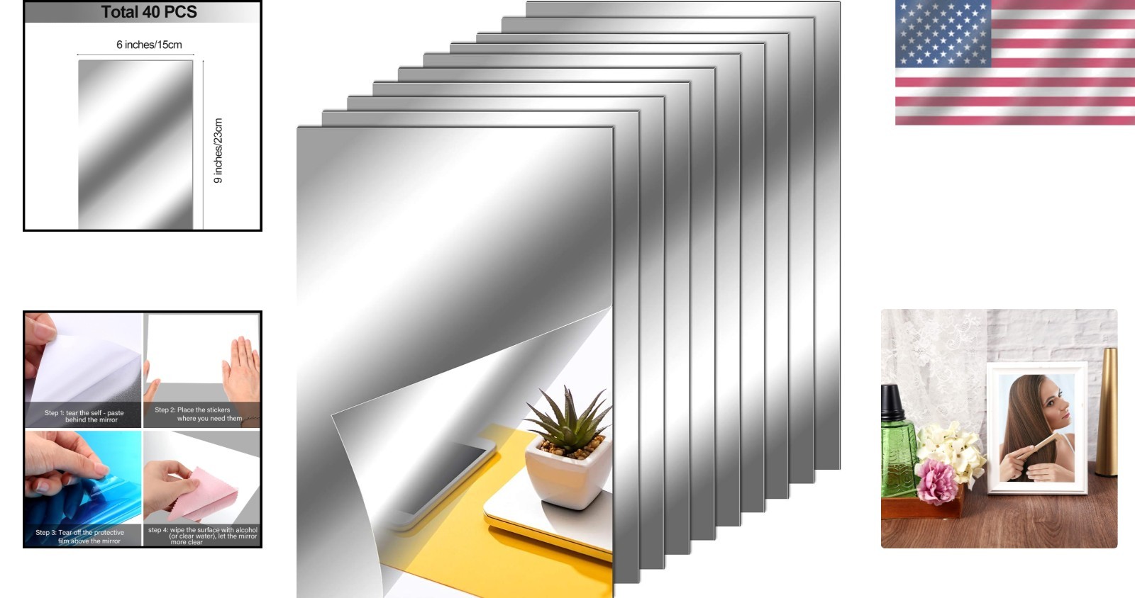 Versatile 40-Pack Self-Adhesive Rectangular Mirror Stickers for Home Design