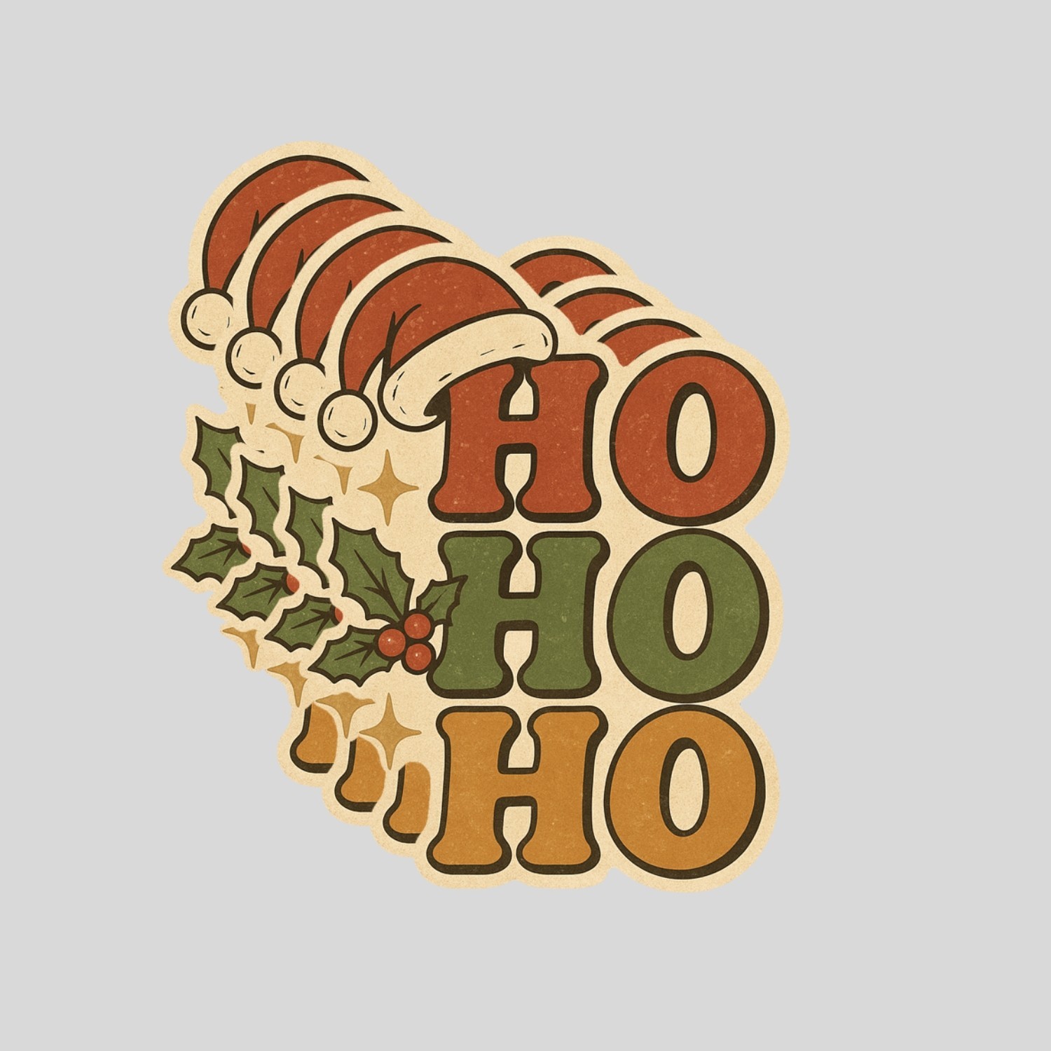 4PCS “Ho Ho Ho Christmas” Stickers – Vintage Santa Hat & Holly Berry Holiday Gif