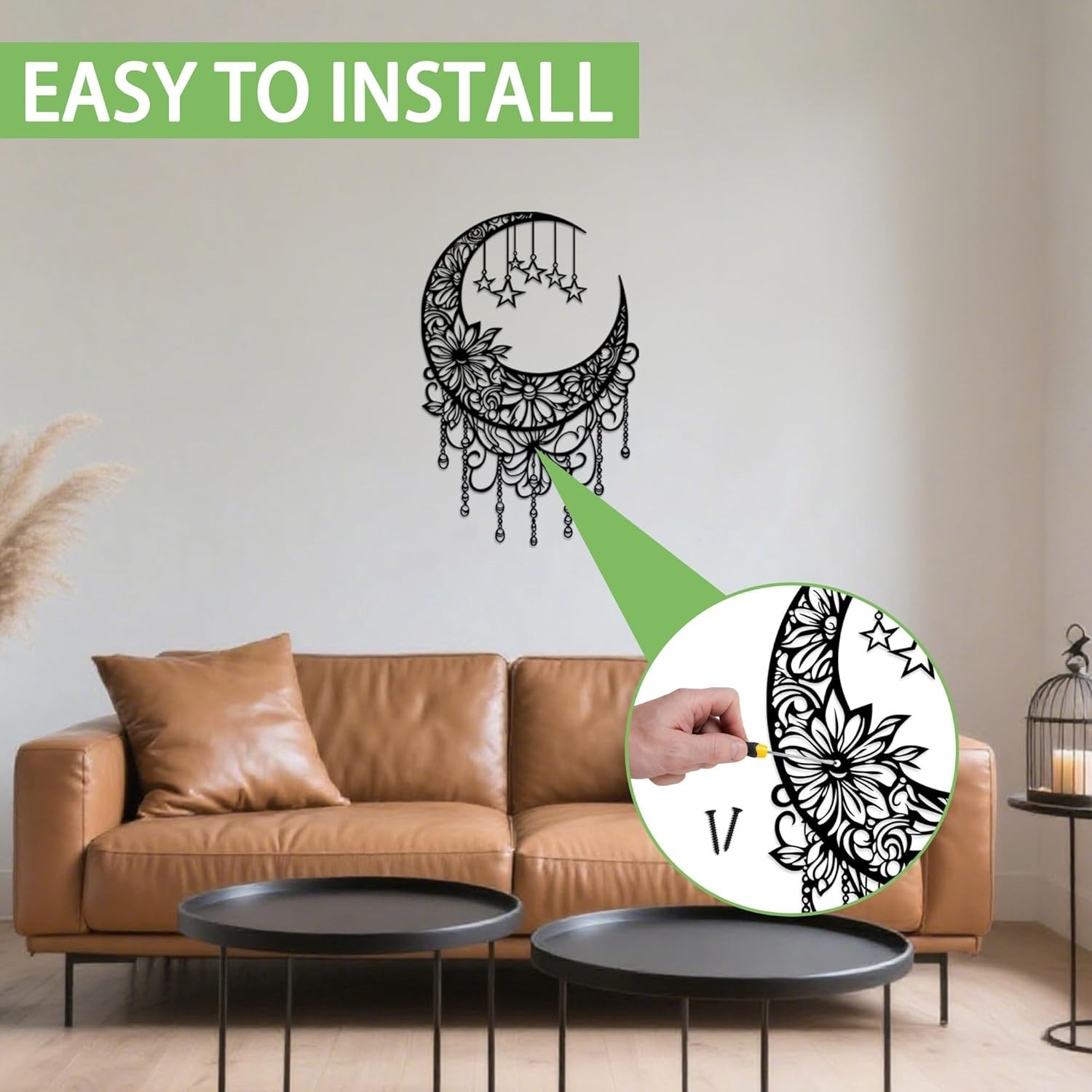 Black Metal Moon Wall Decor Boho Moon Phase Wall Art with Hanging Stars Flora…