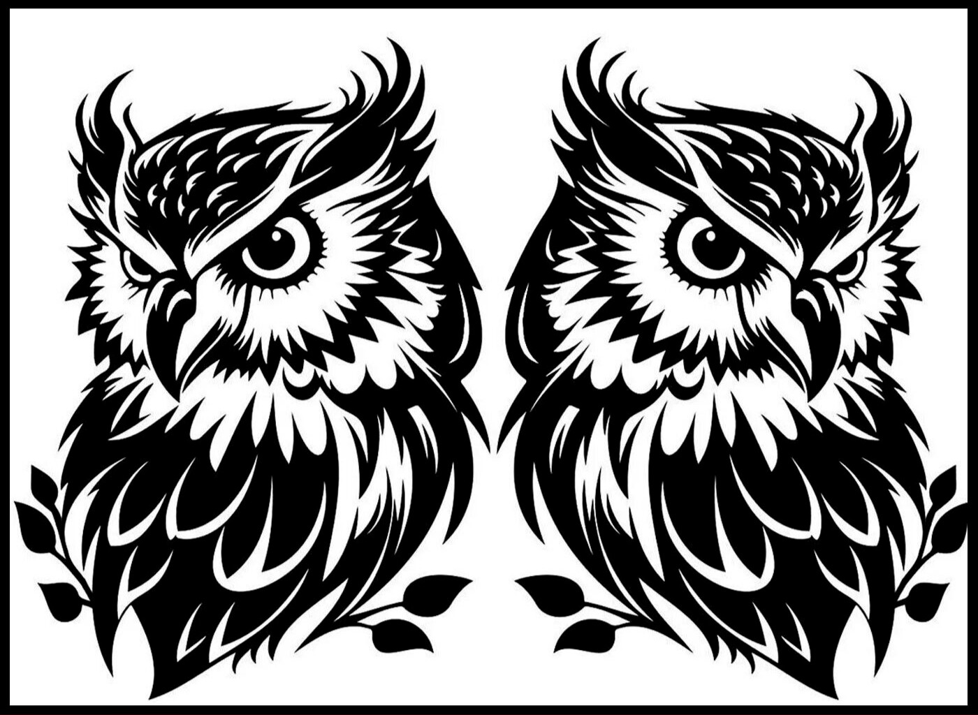 Owl on Branch Two 6" Mirrored Black Vinyl Decals Car Truck Camper Mailbox