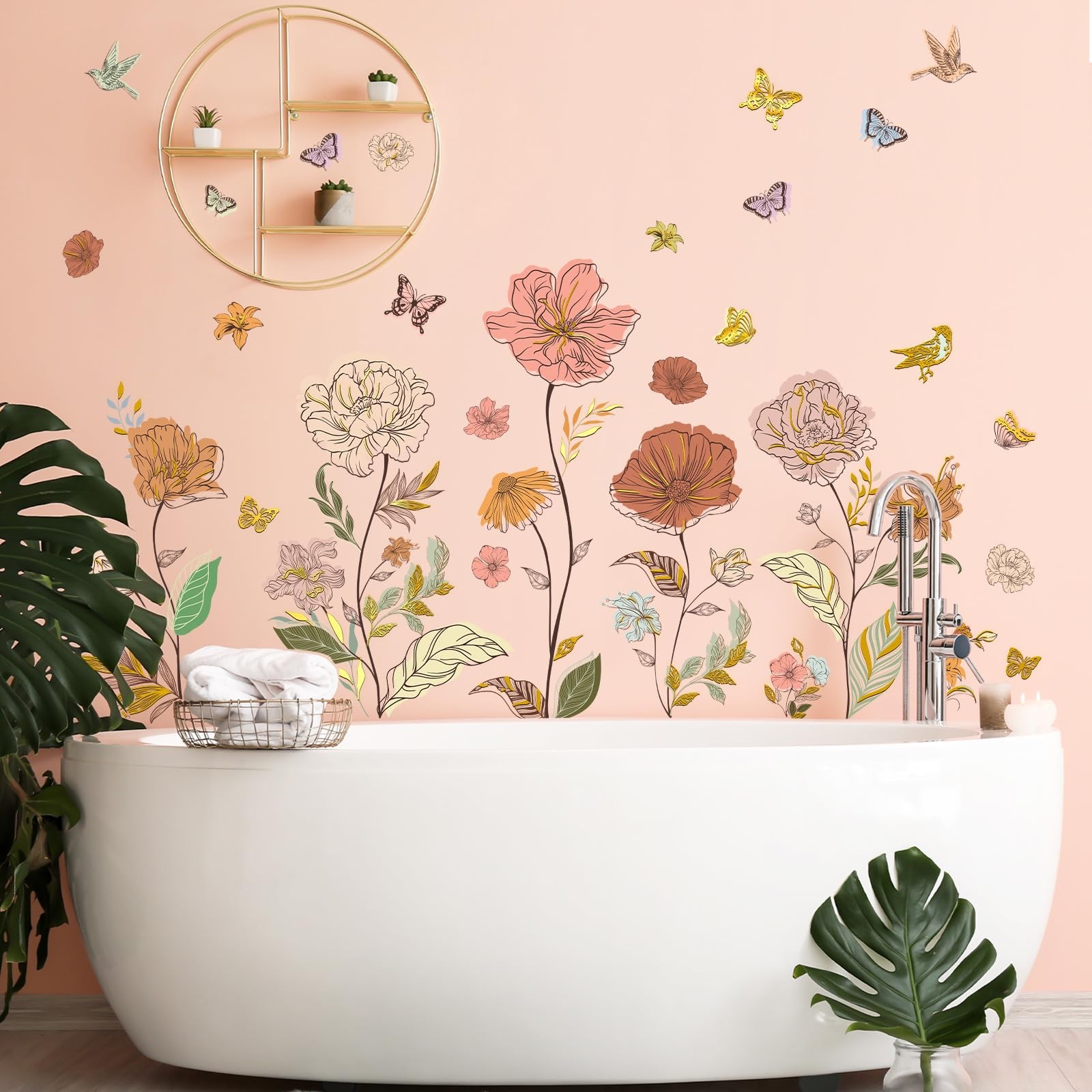 Boho Floral Wall Stickers Peony & Butterfly Wall Decals, Bohemia Flower Decor…