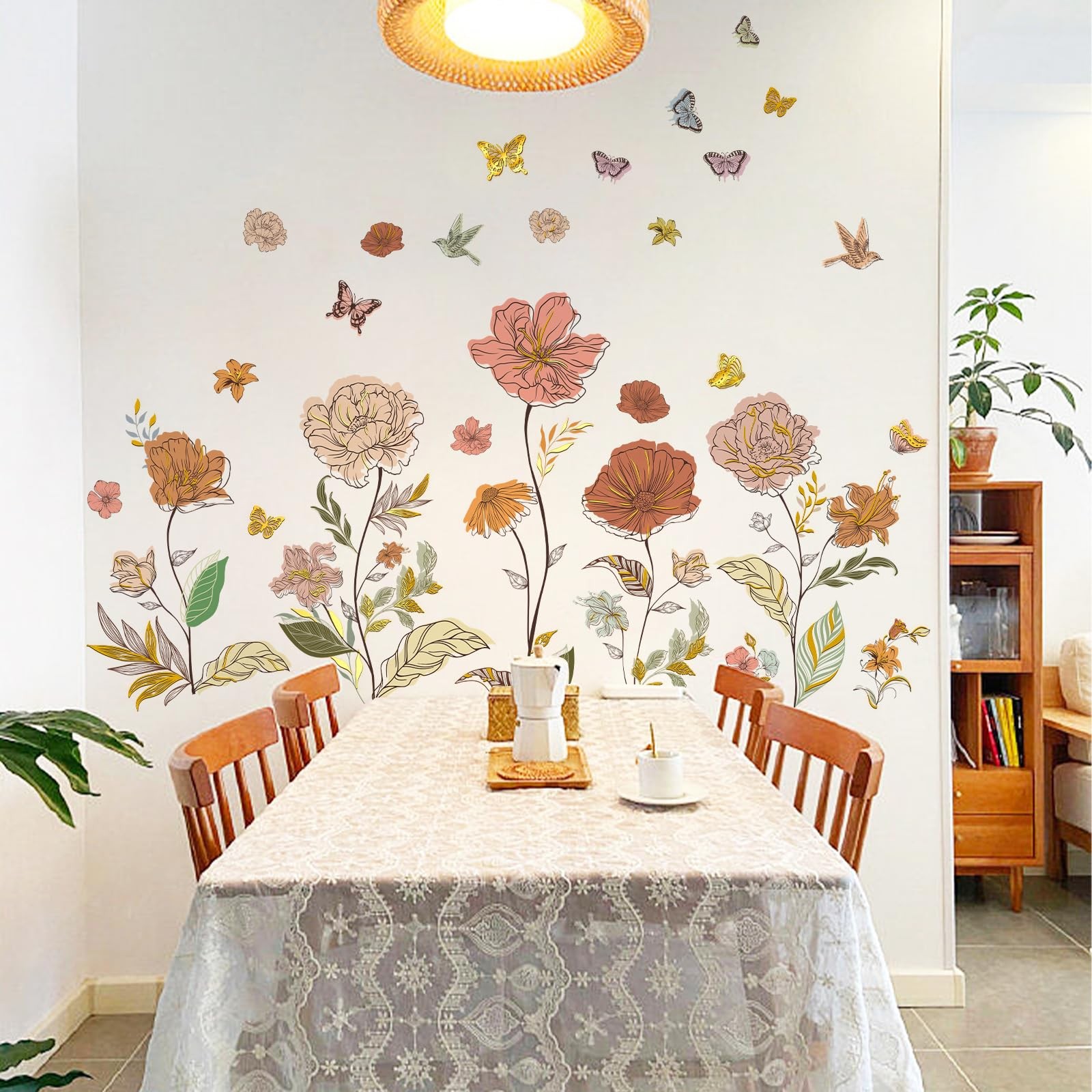 Boho Floral Wall Stickers Peony & Butterfly Wall Decals, Bohemia Flower Decor…