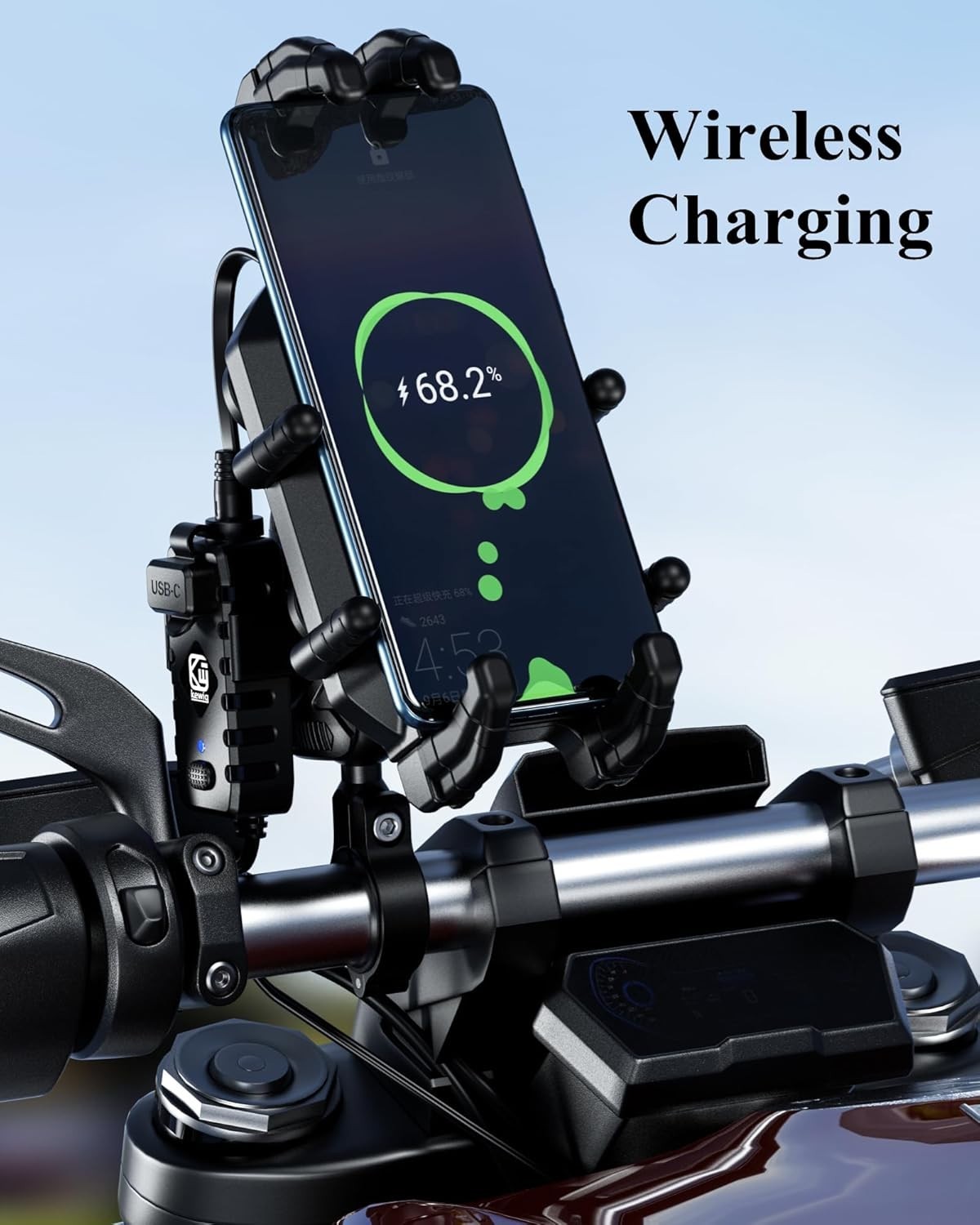 Motorcycle Phone Mount Holder with Qi 15W Wireless Charger & 30W PD/USB-C Fast C