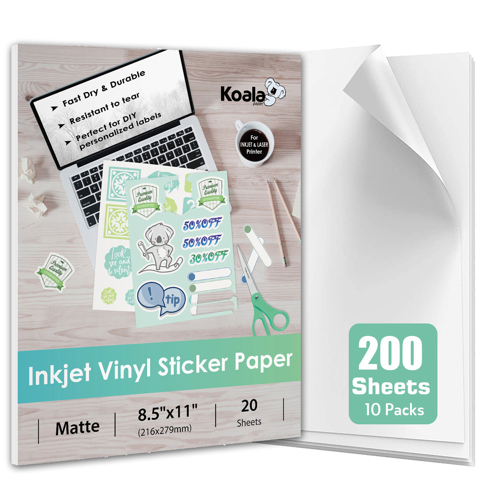 Koala Printable Vinyl Sticker Paper Waterproof Bulk 200 Matt Inkjet Laser Print