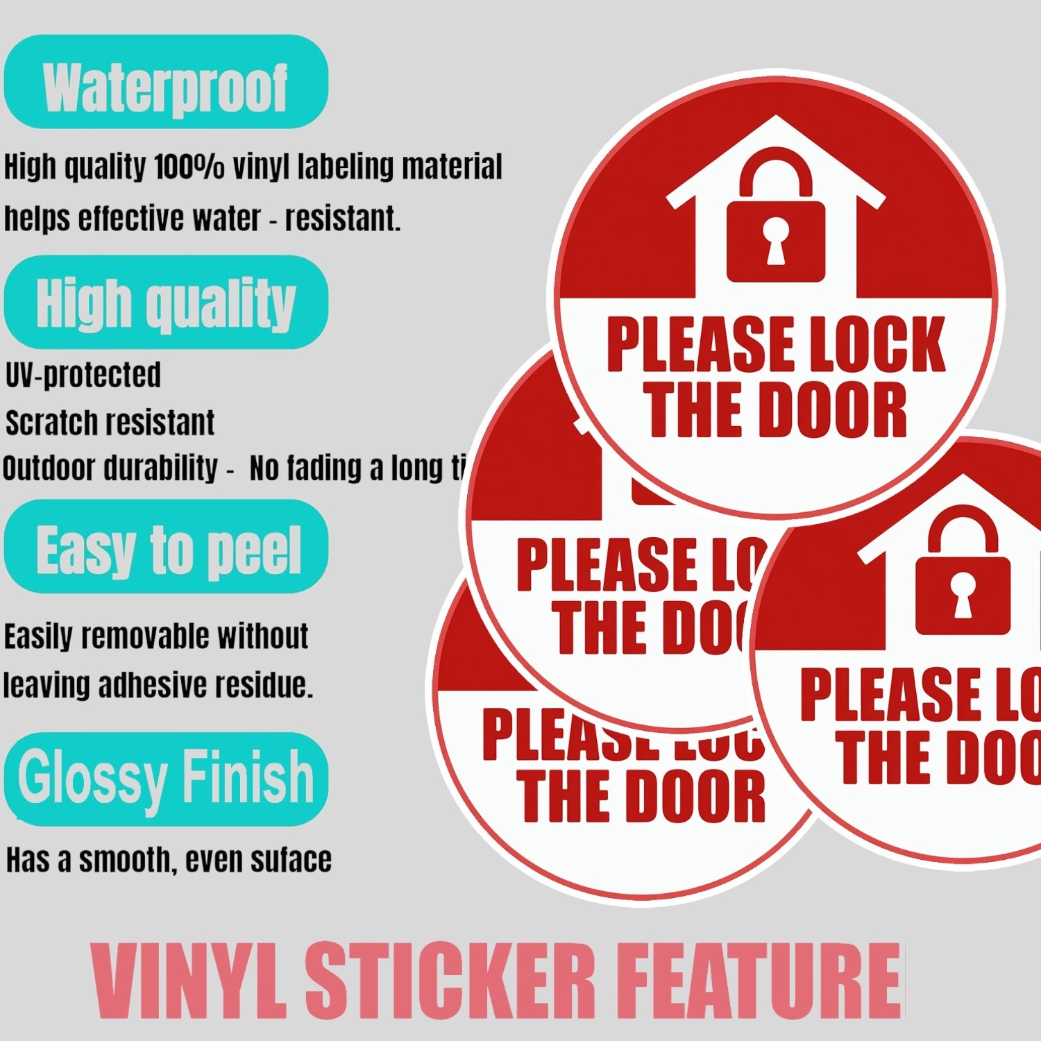 Please Lock the Door Stickers: Waterproof Vinyl Warning Labels, 4-Pack