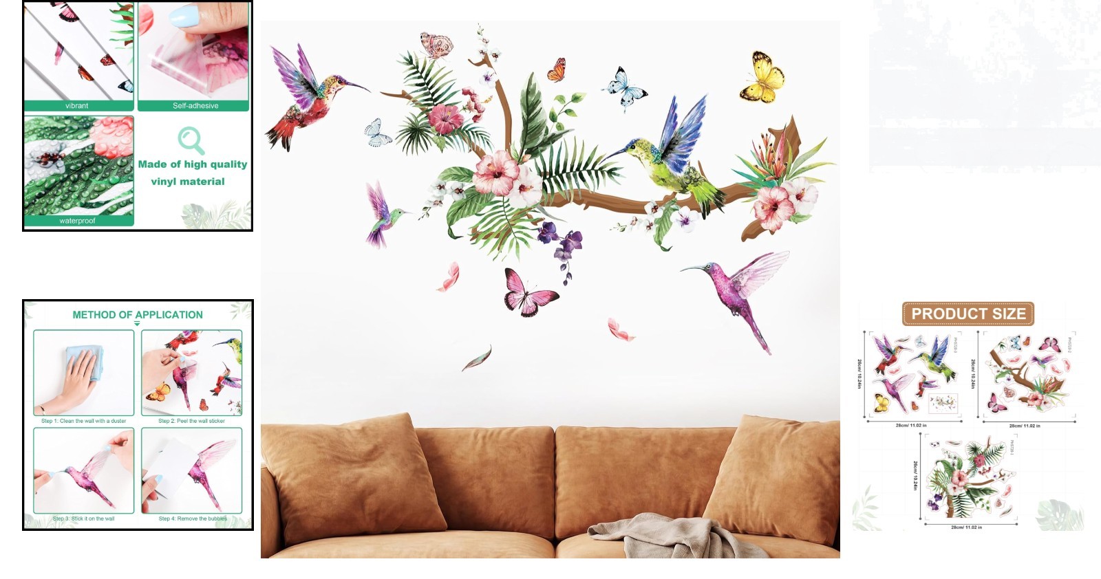 3 Sheets Colorful Hummingbirds Wall Stickers – Botanical Vinyl Decor