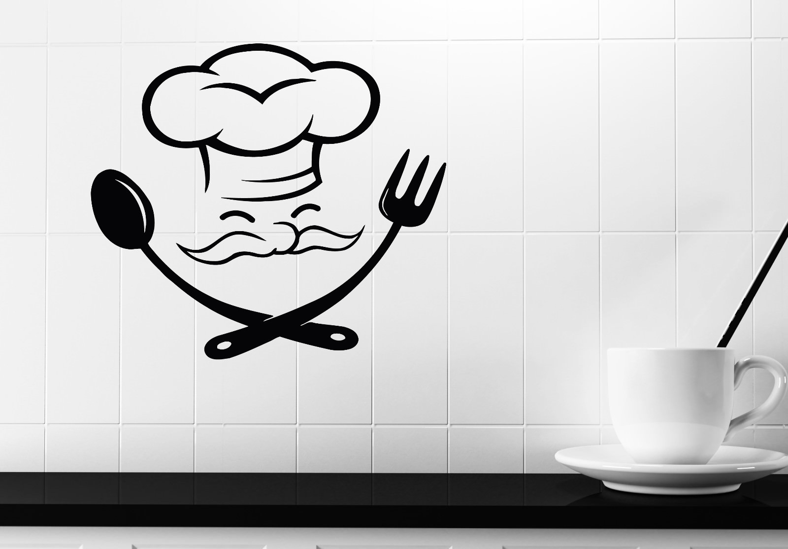 Chef Master Large Vinyl Decal Cheerful Chef Fork Spoon Wall Sticker (n577)