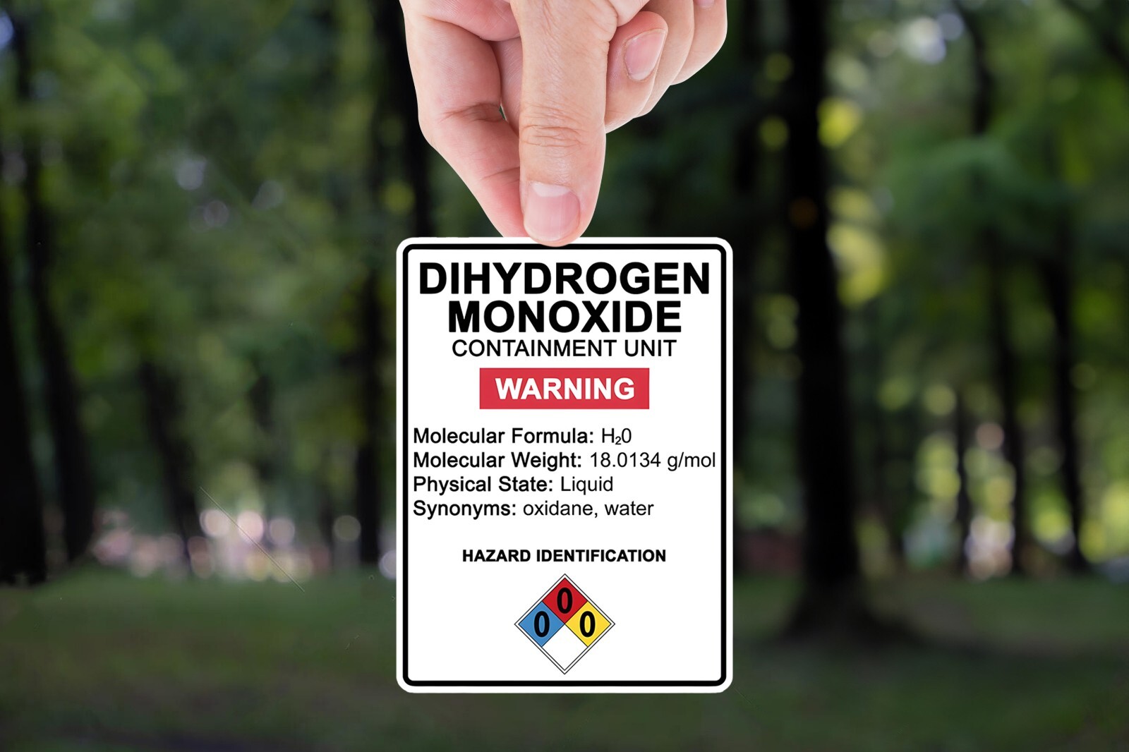 dihydrogen monoxide sticker, funny science meme, H2O warning label, nerdy chemis