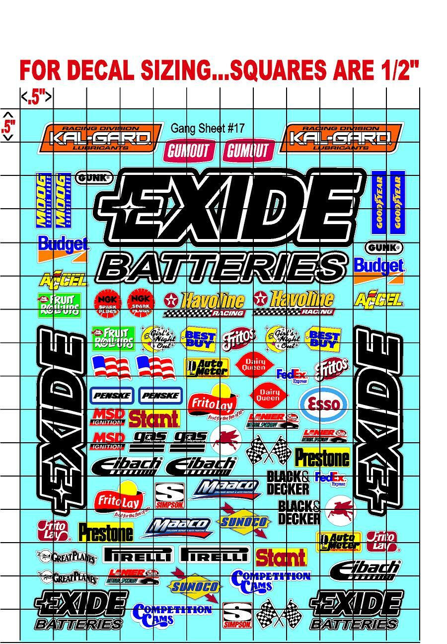 EXIDE Batteries Sticker Gang SHEET 17-R/C MODEL Decal 1/12-1/10-DIE CUT-NASCAR^^