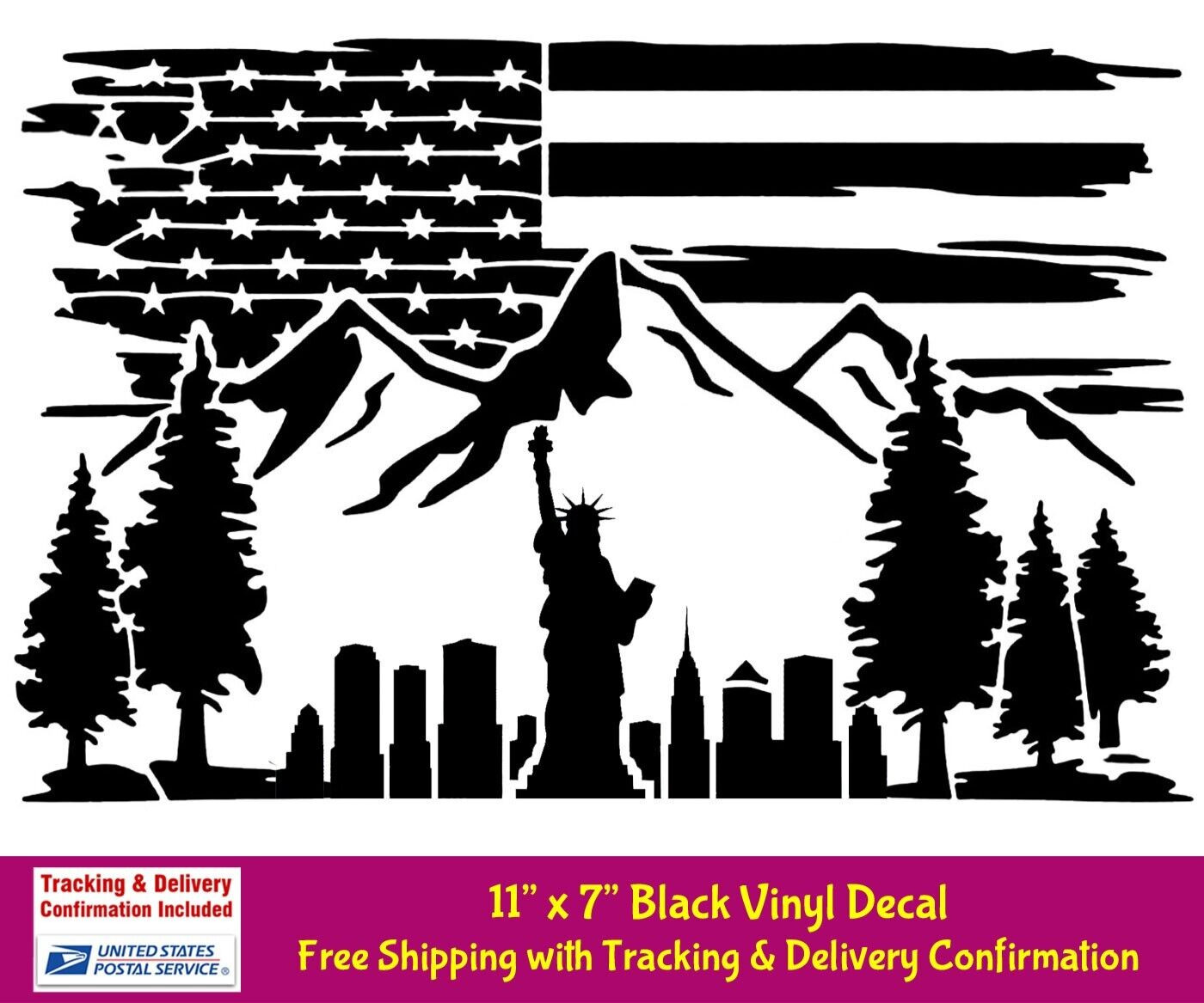 American Flag Liberty Patriotic Cityscape Mountain Range 11" Black Vinyl Decal
