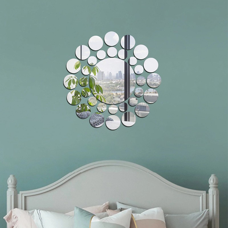 33Pcs/set Round Mirror Wall Stickers Silver Gold Living Room Background Wall