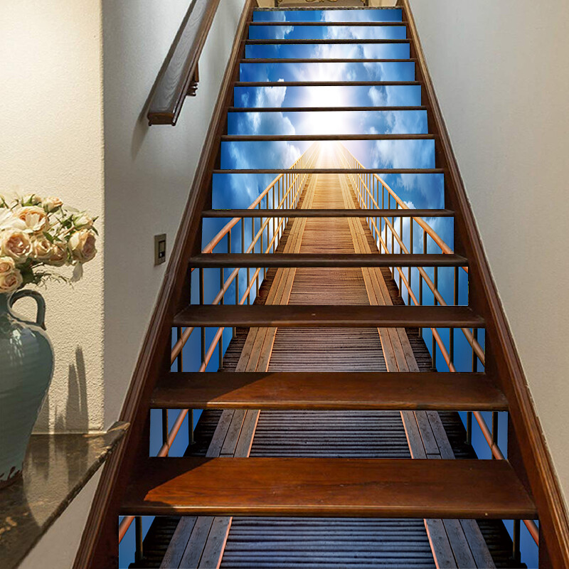13pcs 3D Blue Sky Ladder Self-adhesive Stickers Stair Riser Decal Home Decor New