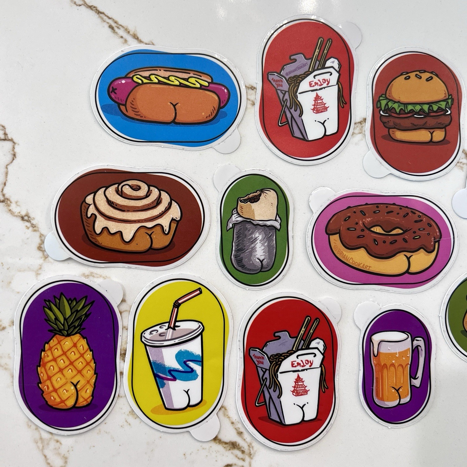 Set of 12 Fast Food Take Out Booty Cheeks Burger Hot Dog Beer Humor Sticker Lot