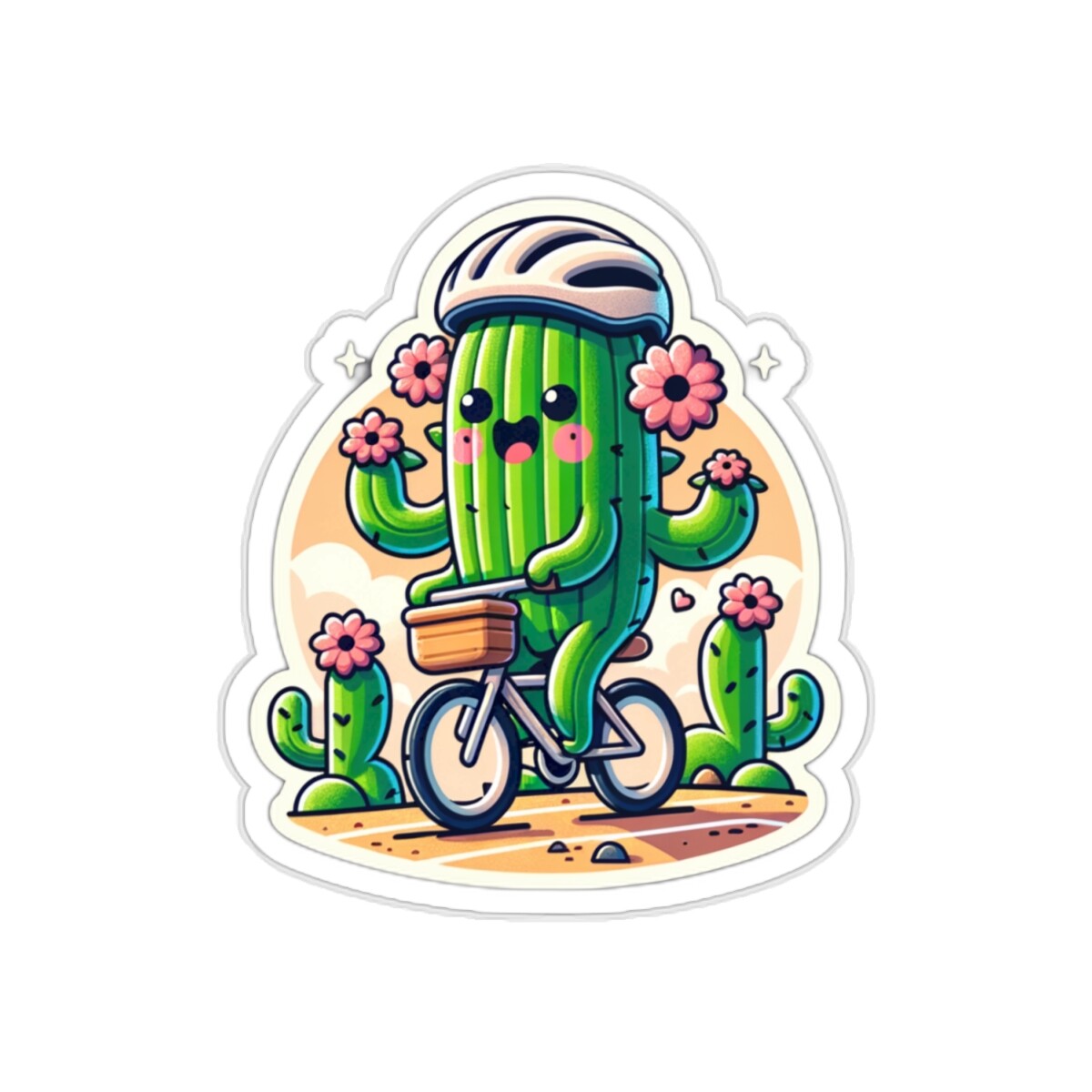 Sticker Joyful Cycling Cactus Cartoon Cute Desert Scene 2×2" 3×3" 4×4" 6×6" Bike