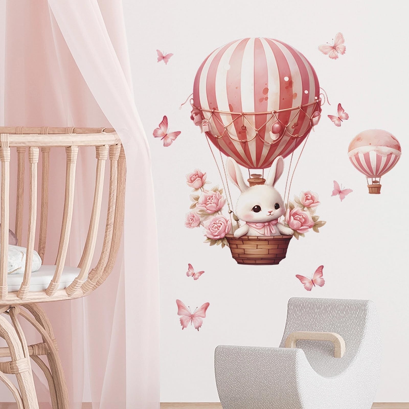 Pink Bunny Butterfly Rose Hot Air Balloon Wall Stickers, sacinora Cute Rabbit…