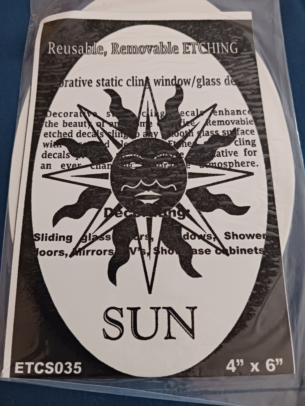 Sun Window Decal 4"x6" OVAL Etched Glass Look Cling Removable & Reusable 35
