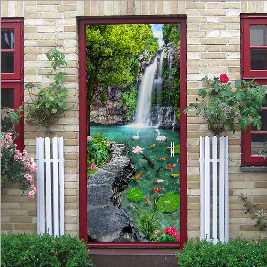 3D Wall Art Waterfall Forest Koi Door Sticker PVC Decal Self-adhesive Wrap Mural